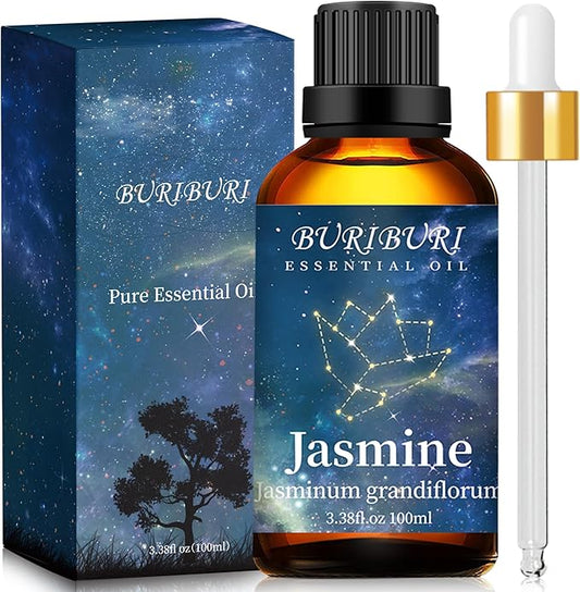BURIBURI Jasmine Essential Oil 100% Pure Undiluted Aromatherapy Jasmine Oil 100ML/3.38fl.oz for Soap, Candle Making, Massage, Diffuser, Humidifier