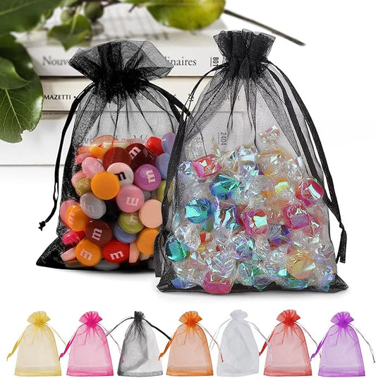 ANZNKU 50PCS Black Organza Bags, Gift Bags Small Size, Sheer Organza Bag 5x7 Inch for Halloween, Mesh Candy Bag, Small Mesh Pouches with Drawstring for Party Wedding Favor