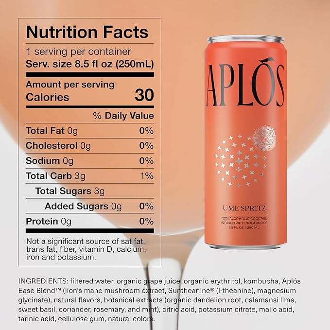 Aplós Canned Ume Spritz Cocktail, Formulated with Adaptogens and Botanicals for Calming & Uplifting, Low Calorie, No Added Sugar Beverage (8.5 fl oz. 12-pack)