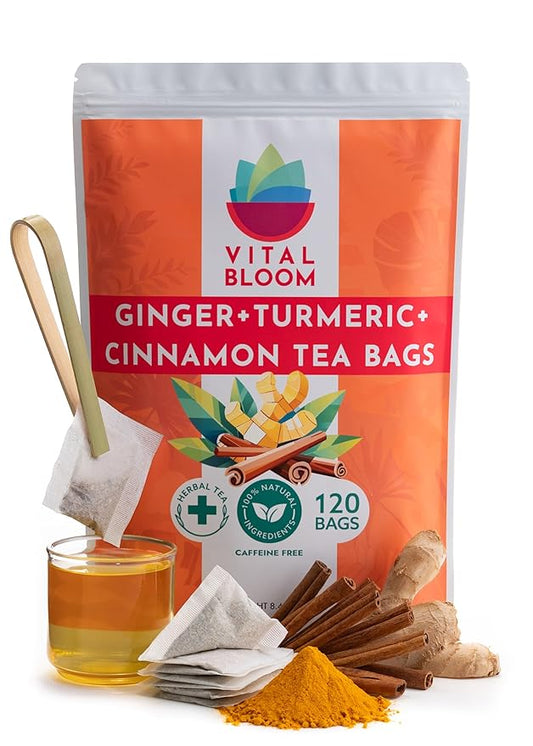 Vital Bloom 120 Tea Bags Ginger Turmeric Cinnamon Tea Bags, Supports Immune Health, Aids Digestion, 100% Natural Ingredients Blended Herbal Tea, Hot or Iced, Eco-Friendly Package, 120 Count