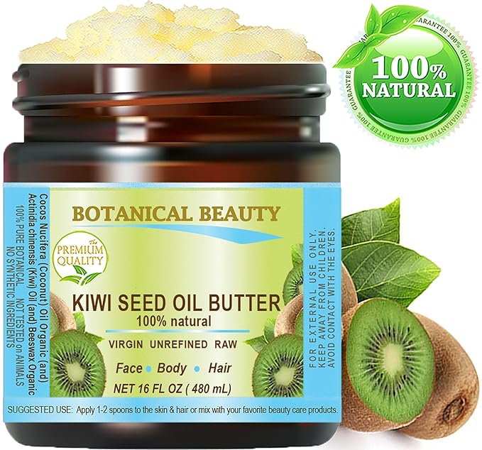 Botanical Beauty KIWI SEED OIL BUTTER RAW VIRGIN UNREFINED Cold Pressed for Face, Body, Hair, Nails, Skin, Hands, Rich in vitamin E, Vitamin C (16 Fl Oz)