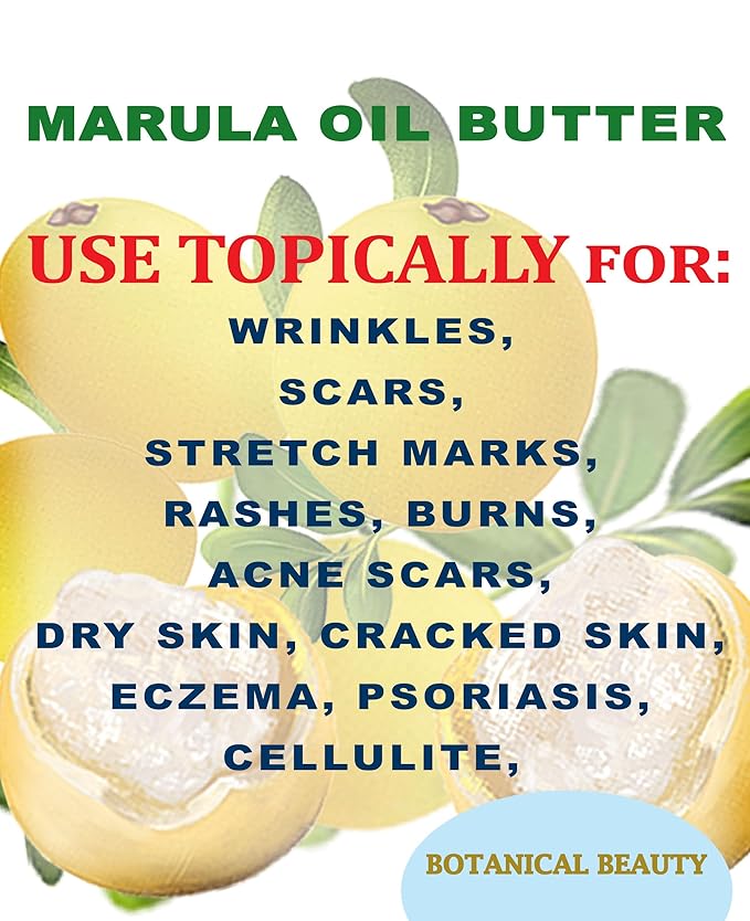 Botanical Beauty MARULA OIL BUTTER RAW VIRGIN UNREFINED for Face, Body, Hair, Lip, Nails, Dry Skin, Cracked Hands, Rosacea, Eczema, Rashes, Itchiness, Redness, Anti-Aging (8 Fl Oz)