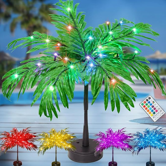 23In Color Changing Light Up Palm Tree - Battery/USB Powered Artificial LED Lights for Tropical Party Decorations, Luau Summer Hawaiian Home Table Top Decor