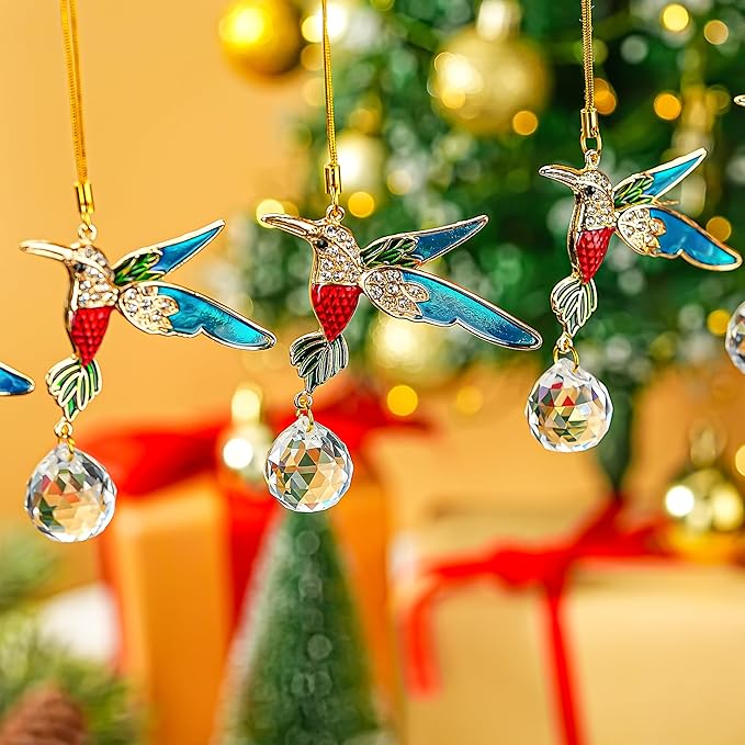 H&D HYALINE & DORA 6 Pcs Hummingbird Hanging Christmas Ornaments Crystal Hummingbird Suncatchers Shiny Rhinestones Bird Hanging Ornaments for Christmas Trees Decorations Party Favor