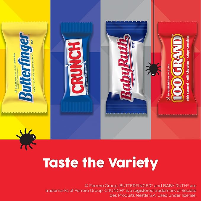 Butterfinger, CRUNCH, Baby Ruth, 100 Grand Fun Size Assorted Candy Bars, Great for Sharing, Bulk 60 Count Pack, 37.2 oz