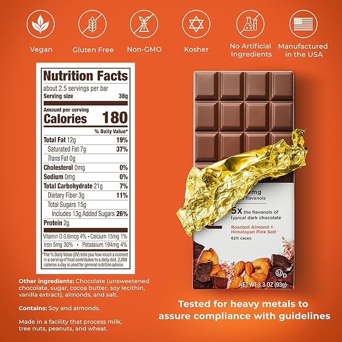 FlavaBar Performance Dark Chocolate | 500mg Cocoa Flavanols | Roasted Almond + Himalayan Pink Salt | 6 Pack, 3.3 oz bars