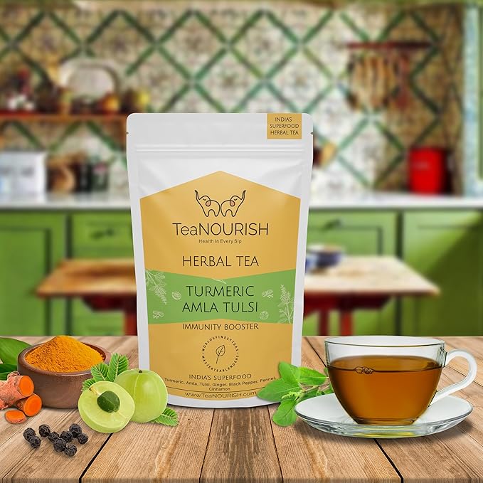 TeaNOURISH Turmeric Amla Tulsi Herbal Tea | CAFFEINE-FREE | Blended with Ginger, Blueberry, Cinnamon & Stevia | Improves Hair Growth, Supports Immunity - 3.53oz/100g