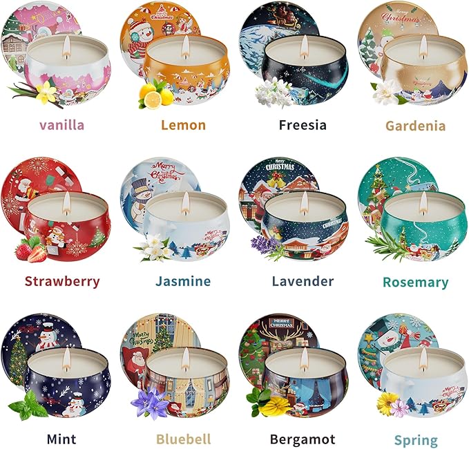 Christmas Candles Gifts for Women, Primevolve Scented Candles Set for 12 Bulk Home Aromatherapy, Strongly Fragrance Long Lasting Portable Travel Tin for Spa Bath Yoga