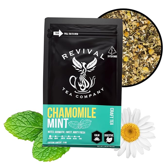 Revival Tea Company Chamomile Mint Tea - Herbal Tea Blend of Chamomile Flowers and Peppermint Leaf - Caffeine Free - Loose Leaf 3 Ounces