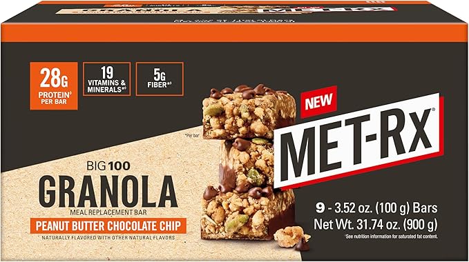 MET-Rx Big 100 Granola Protein Bar, Meal Replacement Bar, 32G Protein,Peanut Butter Chocolate Chip, Pack of 9