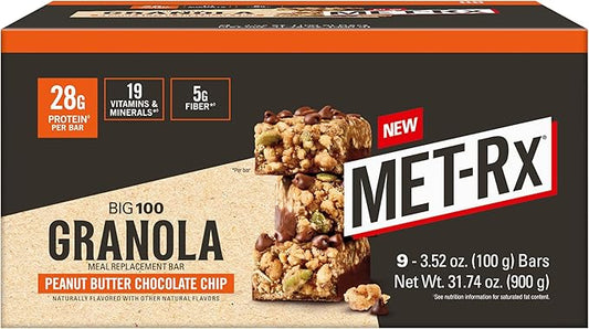 MET-Rx Big 100 Granola Protein Bar, Meal Replacement Bar, 32G Protein,Peanut Butter Chocolate Chip, Pack of 9