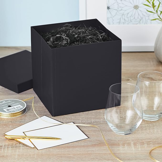 Hallmark Medium Gift Box with Lid and Shredded Paper Fill (Black 7 inch Box) for Weddings, Graduations, Birthdays, Father's Day, Groomsmen Gifts, All Occasion