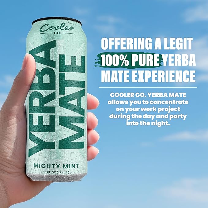 COOLER CO. | YERBA MATE | 12 Pack | 100% Organic Yerba Mate Caffeine | 150 mg Caffeine | 3 Organic Ingredients | Natural Ingredients | No Artificial Colors or Stimulants | Mighty Mint Flavor