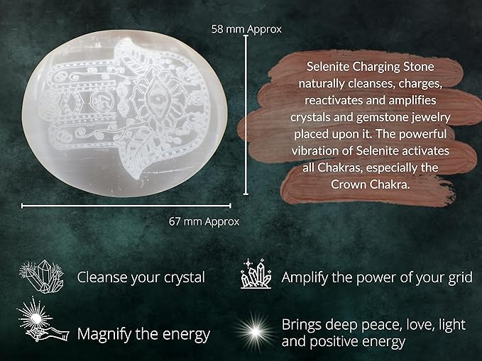 Amazing Gemstone Selenite Palm Stone - Hamsa Hand Engraved Hot Massage Worry Stone for Natural Body Chakra Balancing, Reiki Healing and Crystal Grid