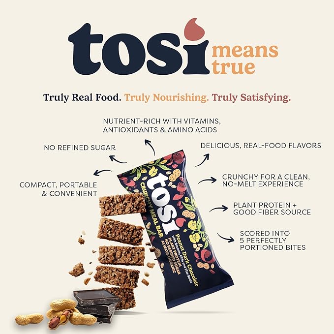 Tosi Peanut Dark Chocolate Meal Bars - 16g Plant Based Protein, Crunchy Nut & Seed Vegan Snack Bars, Gluten Free & Organic Healthy Snacks, Omega 3s, Flax & Chia Seeds, 2.4 oz, 12 Pack