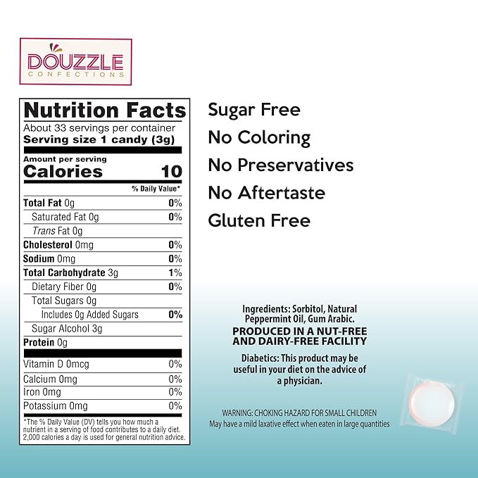DOUzzle Sugar Free Peppermint Hard Candy Drops, Dye Free (1 Pack) Individually Wrapped - Healthy Low Calorie Snack, Gluten Free, All Natural, No Preservatives, No Aftertaste - Kosher Parve