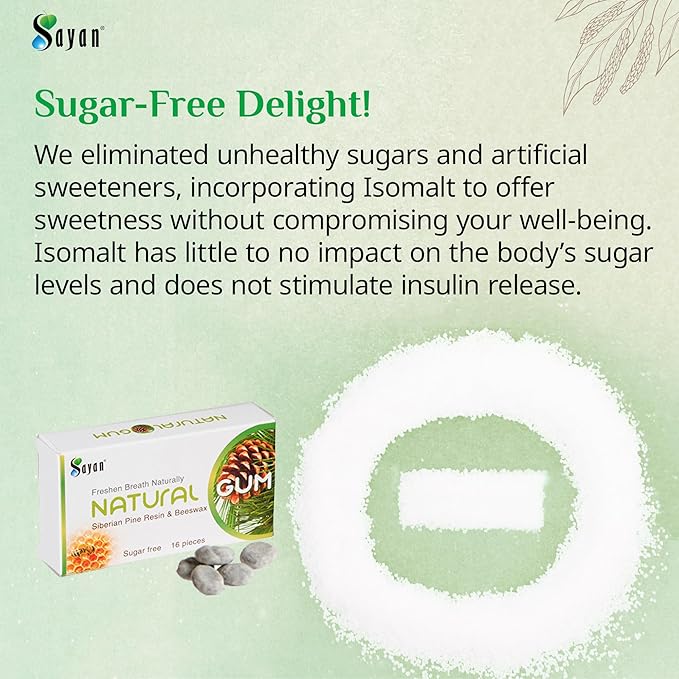 Sayan Sugar Free All Natural Gum, Siberian Pine Tree Resin and Beeswax Chewing Gum for Fresh Breath, Vegetarian, Non-GMO, No Sugar, Gluten Free, Aspartame Free, No Preservatives - 5 Packs (80 Pieces)