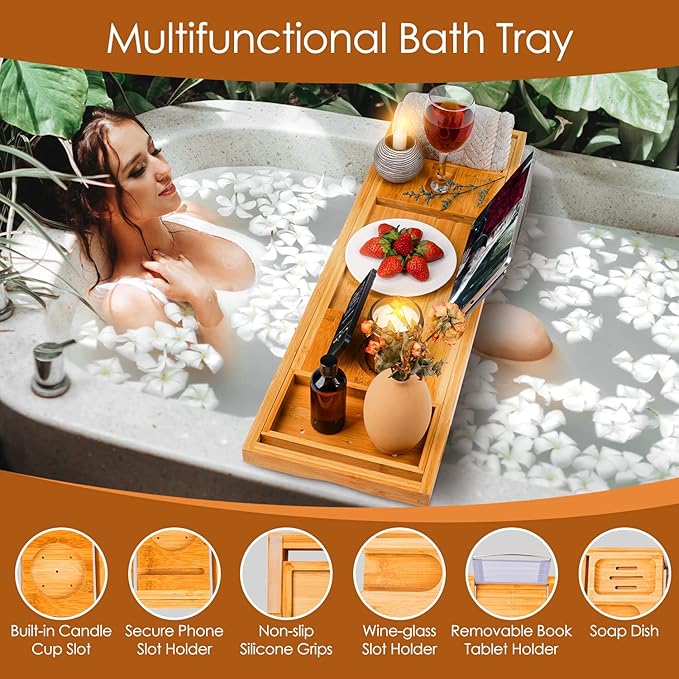 Foldable Bathtub Caddy Tray, Bamboo Bath Tub Tray Table for Tub with Wine Glass Holder Book Phone Tablet Holder with Extending Sides, Adjustable Bathroom Bathtub Free Soap Holder Gift Idea (Beige)