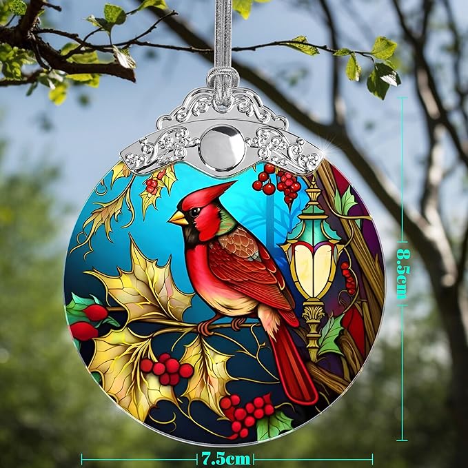 Christmas Ornament - Red Bird Cardinal Stained Glass Decor - Holiday Decorations and Xmas Gift Ideas for Tree