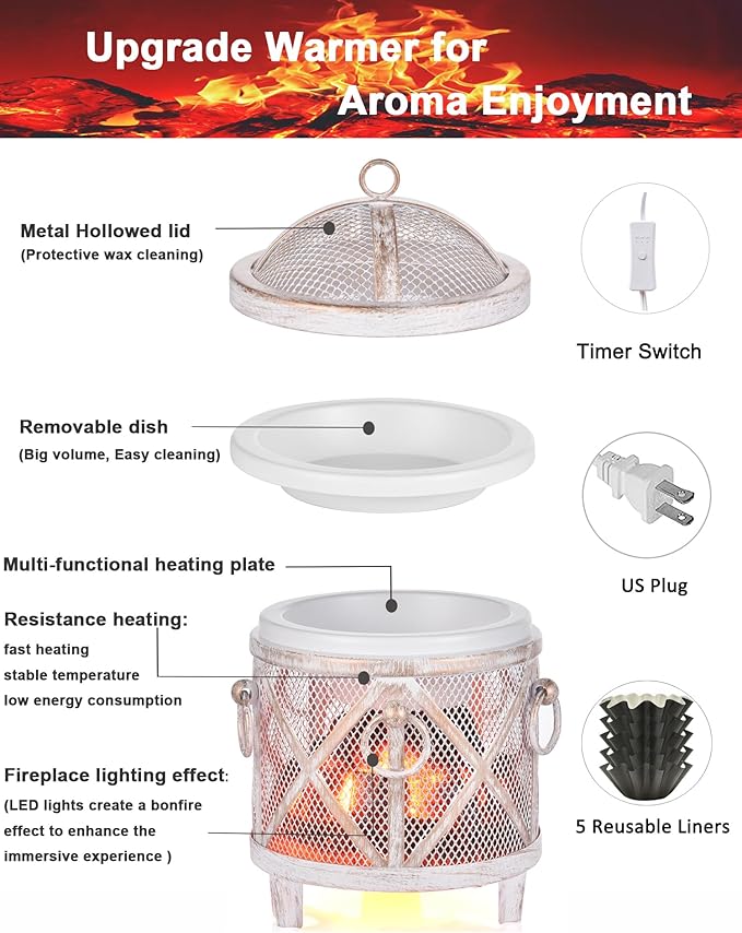 Dicimi Rustic Electric Wax Warmer, Fireplace Style Candle Warmer with Timer, 4-in-1 Wax Melt Warmer for Scented Wax/Oils/Wax Melts, Auto Shut-Off, Energy Efficient Home Decor Gift Idea