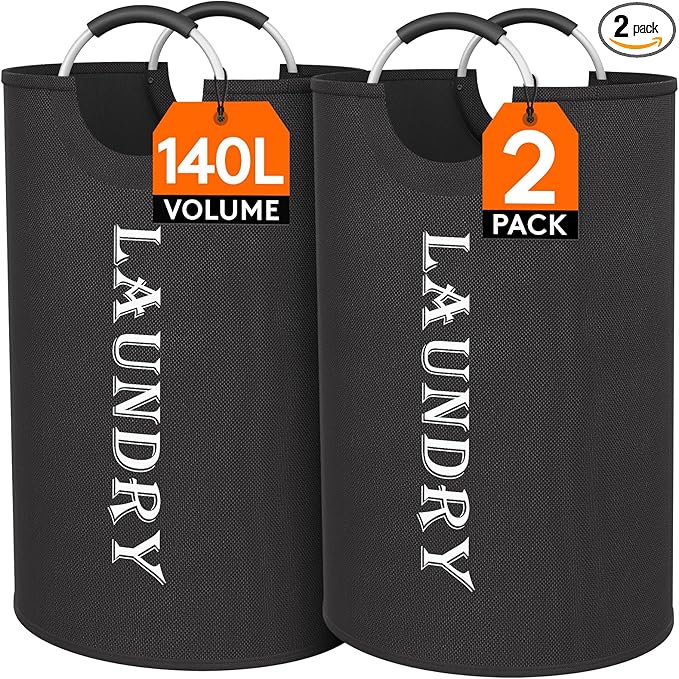 Lifewit 140L 2-Pack Large Laundry Basket, Collapsible Laundry Hamper with Aluminum Handles, Waterproof Freestanding Dirty Clothes Hampers for Laundry Room Bedroom Dorm Bathroom, Black
