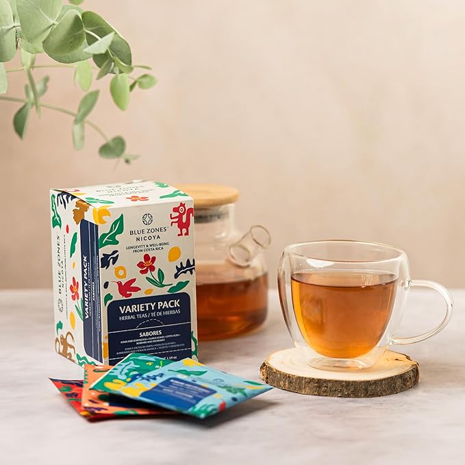 Blue Zones Nicoya - Variety Pack of 5 Lippia Alba & Hibiscus, 5 Chan & Lemongrass, 4 Burbark & Spearmint, 4 Guava Leaves Tea Bags - 100% Natural, Organic, and Refreshing - High Micronutrients - Gluten, Caffeine, Sugar-Free - Pack of 18 (1.59 oz/ 45 g)