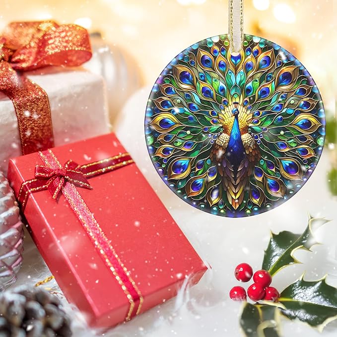 Ceramic Peacock Hanging Ornament - Christmas Tree Decor - Gifts for Peacock Lovers
