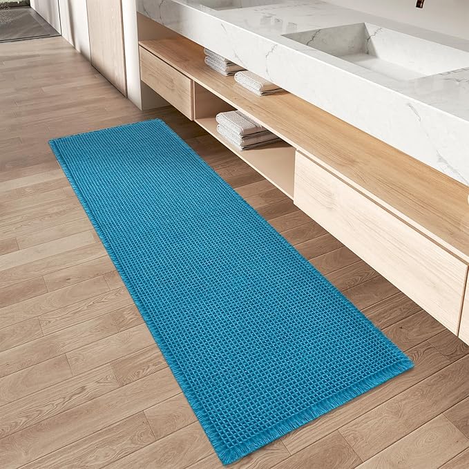 AMOAMI Upgraded Waffle Runner Rug Super Absorbent Non Slip Bath Mats for Bathroom Machine Washable Bathroom Runner Rug with Tassels, Ideal for Hallway Bedroom Laundry Room, 17" x 48", Teal