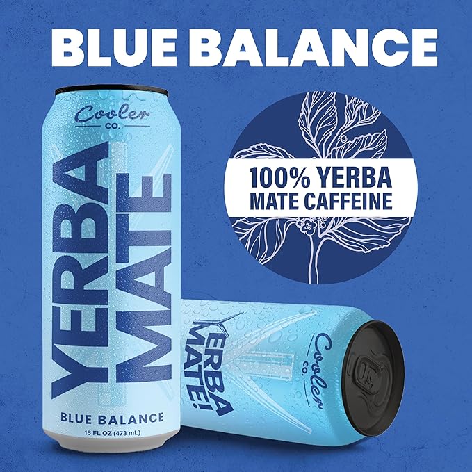 COOLER CO. | YERBA MATE | 12 Pack | 100% Organic Yerba Mate Caffeine | 150 mg Caffeine | 3 Organic Ingredients | Natural Ingredients | No Artificial Colors or Stimulants | Blue Balance Flavor