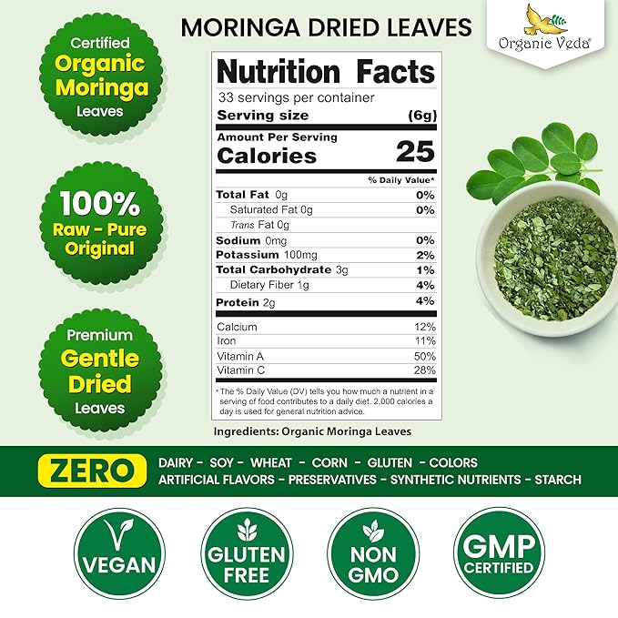 Organic Veda Moringa Tea Leaves - 100% Organic Dried Leaves - Moringa Oleifera Loose Leaf for Herbal Tea - Antioxidants Rich, Naturally Boosts Energy, Supports Digestion & Immune System - 7oz