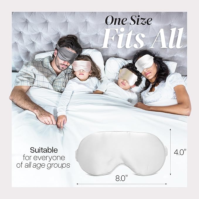 Adjustable Silk Sleep Mask Eye Covers | 100% Pure 6A Mulberry Silk | Blackout & Hypoallergenic | Concealed Strap for Women & Men | for Sleeping & Travel (Ivory White)