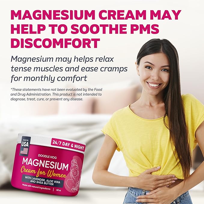 DOODLE HOG Magnesium Cream for Women Lavender Scent - Soothing Relief & Relaxation with Calendula, Aloe Vera, Shea Butter - Topical Magnesium Cream for Sleep - USA Made - (4 oz, Lavender)