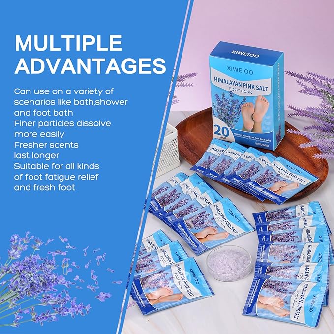 20 Pack Himalayan Pink Salt Feet Soak lavender foot soaking Pedicure kit Supplies for Foot Spa Foot Soak Salts with Epsom Salt for Soaking Lavender Pedicure kit Callus Remover