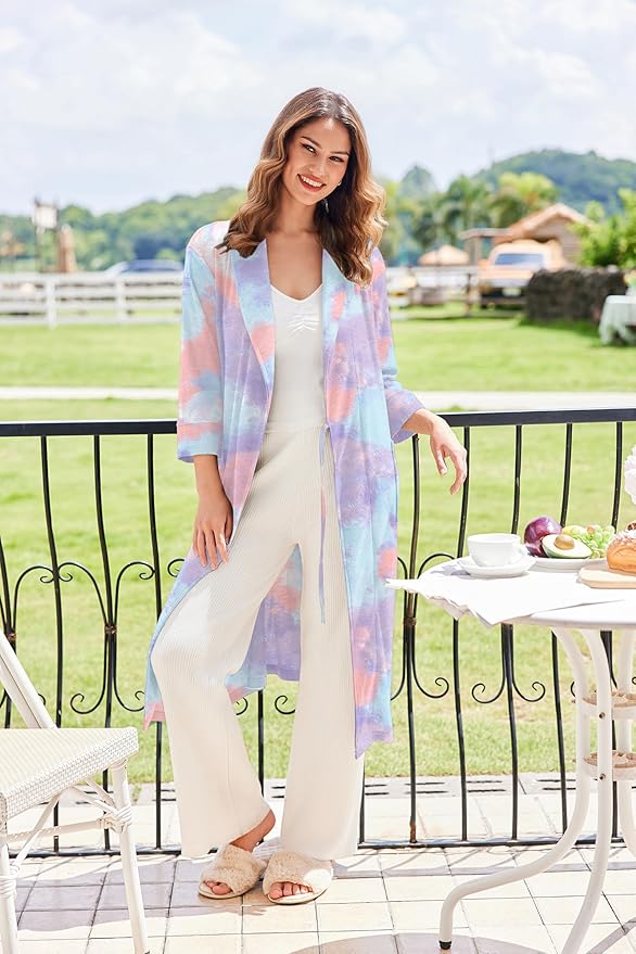 Ekouaer Robes for Women Long Waffle Knit Bathrobe Lightweight Kimono Robe Soft Shawl Collar Spa Robes with Pockets S-XXL