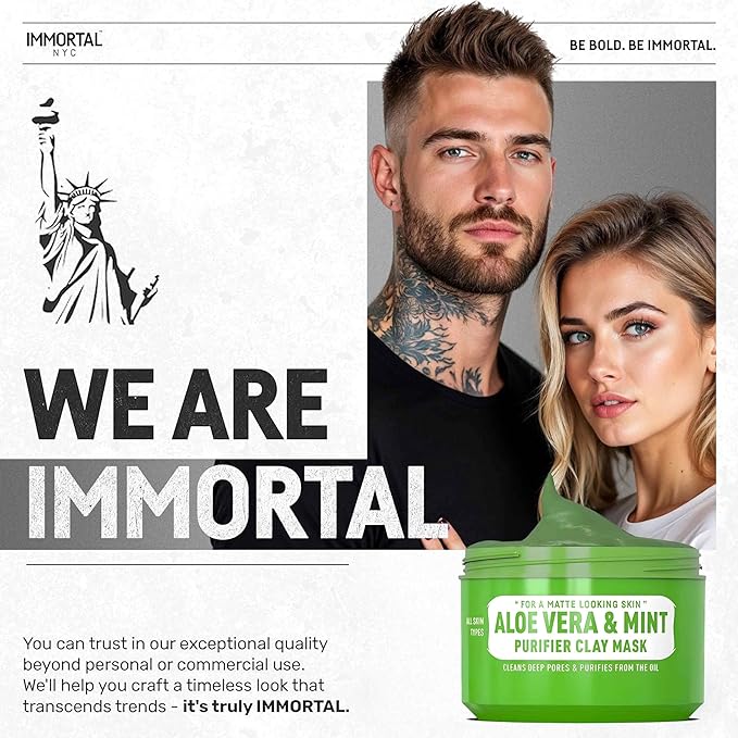 Immortal NYC Aloe Vera & Mint Purifier Clay Mask – Face Mask for Matte Look Skin, Oil Control, Deep Cleansing & Refreshing Skincare. Great Gifts For Women & Men – 10 oz