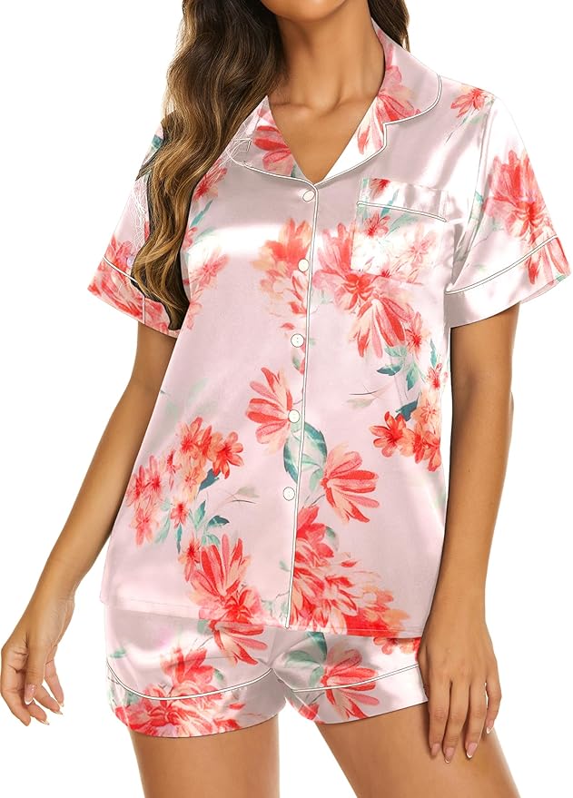 Ekouaer Silk Pajamas for Women Short Sleeve Sleepwear Soft Button Down Loungewear 2 Piece Satin Pjs Shorts Set S-XXL