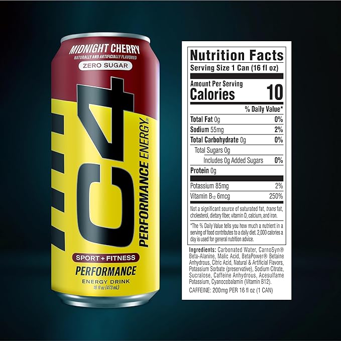 C4 Energy Carbonated Zero Sugar Energy Drink, Pre Workout Drink + Beta Alanine, Midnight Cherry, 16 Fl Oz (Pack of 12)