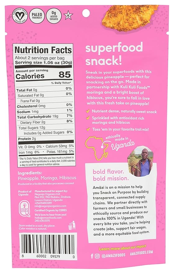 Amäzi Foods, Dried Pineapple - Moringa Hibiscus 2.3Ounce All Natural Snacks No Sugar Added Dried Pineapple Dehydrated Fruit