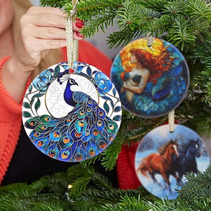 Ceramic Peacock Hanging Ornament - Christmas Tree Decor - Gifts for Peacock Lovers