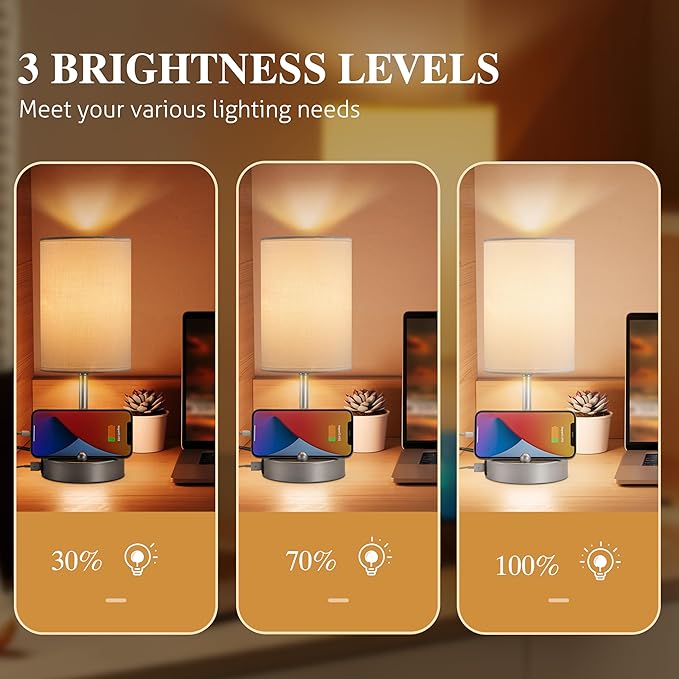 Briever Touch Control Table Lamp for Bedroom, 3-Way Dimmable Nightstand Lamp with USB Charging Ports, Bedside Desk Lamp with Silver Base Phone Stand & Linen Fabric Shade, Bulb Included