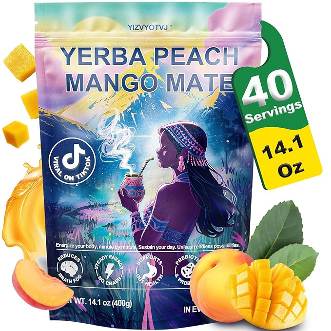 40 Servings (14.1oz) Yerba Mate Instant Tea Powder, 3-in-1 Peach Mango Flavored Low Sugar Super Drink to Support Energy & Focus with Prebiotics and Probiotics