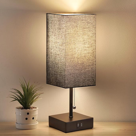 GGOYING USB Bedside Table Lamp, Pull Chain Nightstand Table Lamp with 2700K LED Bulb, Black Fabric Linen Lampshade, USB C+A Charging Ports for Living Room Bedroom Office