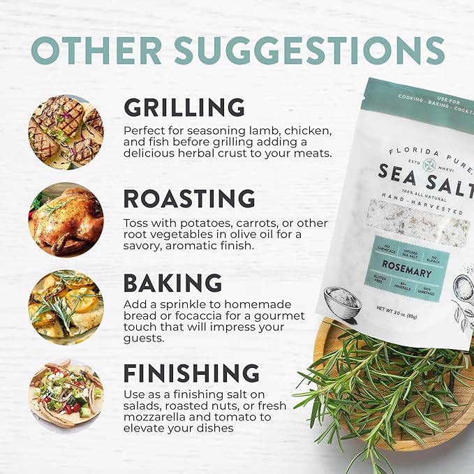 FLORIDA PURE Rosemary Sea Salt - 80+ Mineral Sea Salt, Natural, Unrefined, Non Iodized - for Baking, Cooking, Seasoning & Enhancing Taste - Hand-harvested Flaky Sea Salt (3 oz. Pouch)
