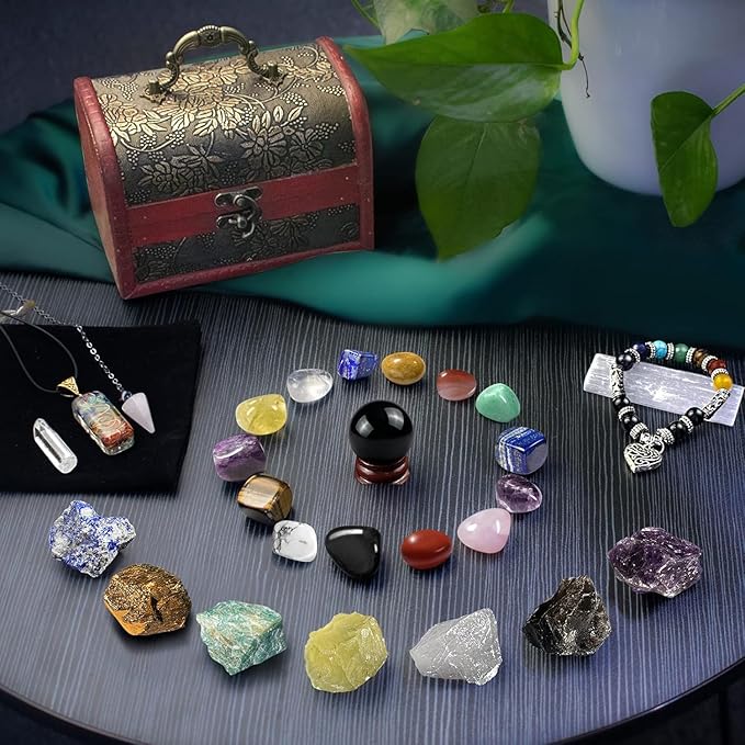 Healing Crystals Set, 28 Pcs Crystals and Healing Stones 7 Chakra Kits Obsidian Real Spiritual Protection Natural Reiki Energy Meditation Crystals for Beginners Wooden Box, Crystal Gifts for Women