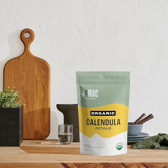 J Mac Botanicals, Organic Calendula Petals (4 oz) edible dried flowers, pairs well with rose petal for ice cubes, cooking, beverages, and bath bombs