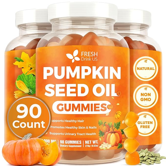 FRESHDRINKUS, Pumpkin Seed Oil Gummies | 90 Count | 4000mg with Zinc & Vitamin C – Plant-Based, Non-GMO, Gluten-Free – Premium Men’s & Women’s Wellness Gummies