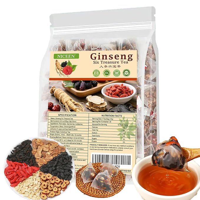 kidney Tea Formula Ginseng Six Treasure Tea, 6 Precious Ingredients Formula for Kidney Detox, Natural Ginseng Five Treasures Teabag for Women & Men, No Additives, Sugar&Caffeine (25 Pcs 1 Bag)