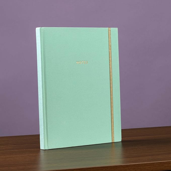 WORLD TRAVELER Eccolo Large Lined Journal Notebook, Fabric Hardcover, Writing Journal, 256 Ruled White Pages, Gilded Edge, Elastic Band, 3 Ribbon Bookmarks, Lay Flat (Mint, 8x10 inches)