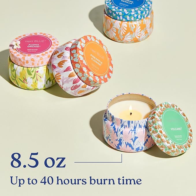Capri Blue Scented Candles for Women & Men - Pattern Play Travel Tin Small Candles - Soy Wax Blend - Luxury Home Decor with Notes of Tropical Fruits and sugared Citrus (Volcano, 8.5 oz)