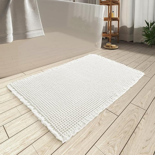 AMOAMI Upgraded Waffle Bath Mat, Super Absorbent Non Slip Bath Mats for Bathroom Floor, Machine Washable Bathroom Boho Rugs with Tassels, Rubber Backed Bathroom Mats, Ultra Soft, 20" x 32"